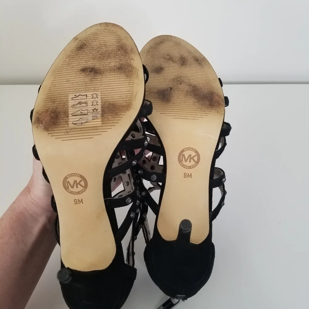 Michael Michael Kors Maddie Jeweled T-Strap Suede Peep Toe Heels Black Size 9